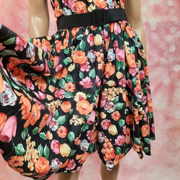 Vintage 80s Belted Floral Dress Prom Party S Retro 50s Sleeveless Crinoline - Picture 8 of 13